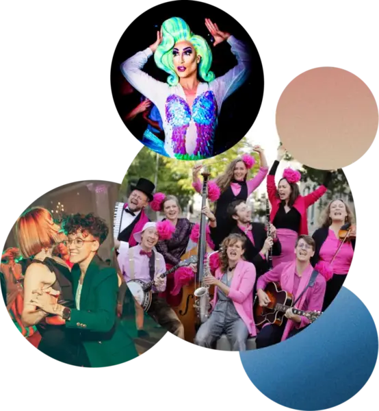 Bubble collage of QSXZ artists: drag queen Vio La Cornuta, band Cats and Dinosaurs in pink, and dancers Sandy Lewis and Marina Alves
